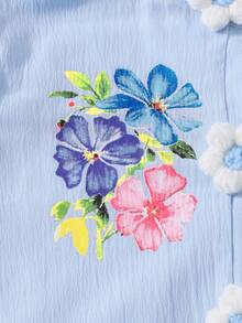 SHEIN Girls Floral Print Collared Open Front Puff Sleeve Dress With Belt Summer Holiday - Blue - View 7