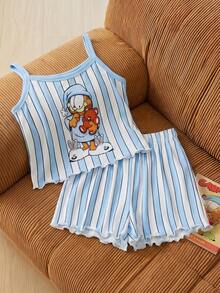 GARFIELD | SHEIN Set Pakaian Santai Kasual Atasan Camisole dan Celana Pendek Motif Kartun Garis-garis untuk Anak Perempuan Remaja - Blue and White - View 3