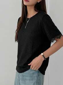 DAZY Women's Summer Round Neck Short Sleeve Lace Patchwork Casual Pullover T-Shirt - Black - View 4