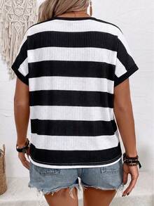 EMERY ROSE New Arrival Plus Size Women Casual Versatile Striped V-Neck Button Short Sleeve T-Shirt - Multicolor - View 2