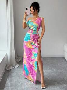 Elenzga 女士扎染印花不对称扭腰时尚连衣裙 - 彩色 - 查看 4