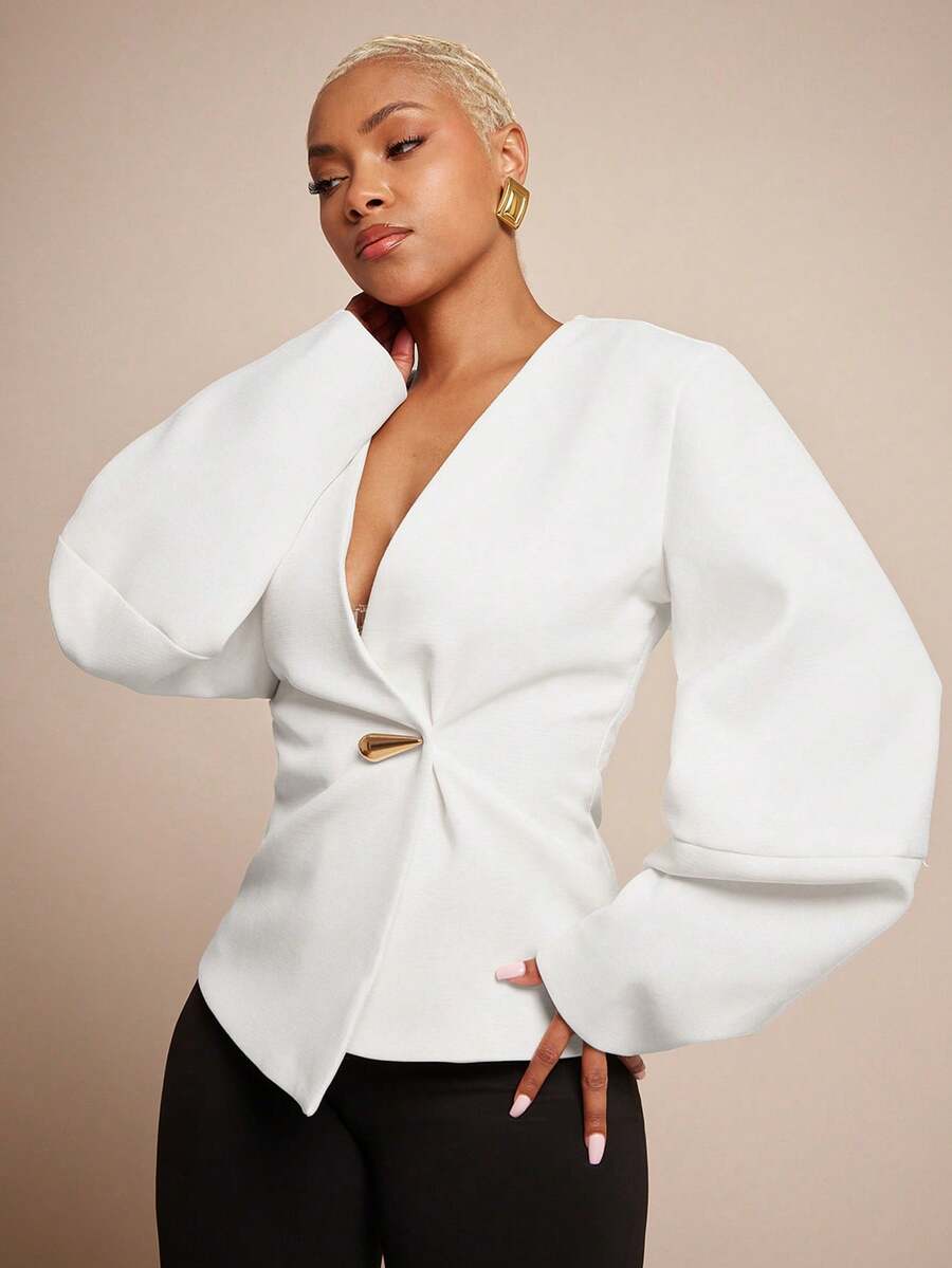 Vixey Áo blazer tay phồng dáng kén, chất liệu dệt thô, cài một nút. - trắng - Xem 1