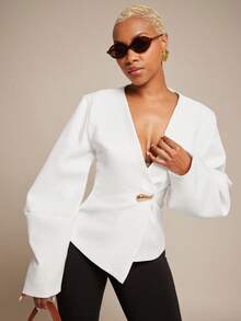 Vixey Áo blazer tay phồng dáng kén, chất liệu dệt thô, cài một nút. - trắng - Xem 5