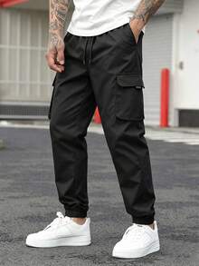 Manfinity Hypemode Quần cargo nam dáng casual, thời trang đường phố, cạp chun, túi nắp gập, ống rộng, thích hợp cho việc đi lại hàng ngày. - màu đen - Xem 3