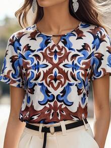 Miaspire Camisa de cuello Mao de estampado total para mujeres de edad media y mayores, de verano - Multicolor - Ver 5