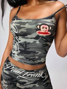 Paul Frank X SHEIN 女士字母卡通印花吊带背心和短裤休闲家居服睡衣套装 - 軍綠色 - 查看 6