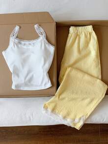 SHEIN Conjunto de 2 piezas de verano de lino amarillo para adolescentes: Camiseta sin mangas con adorno de encaje + Pantalones anchos de cintura alta, un conjunto casual y fresco, un imprescindible versátil y de moda - Multicolor - Ver 4