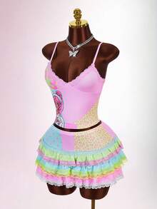 Amplova 2pcs/Set Women's Backless Spaghetti Strap Graffiti Y2K Lace Layered Camisole & Mini Skirt - Multicolor - View 7