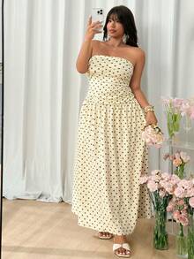 SHEIN EZwear Plus Size Women Polka Dot Print Ruched Strapless Casual Dress - Apricot - View 4