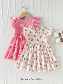 Cozy Pixies 2pcs Baby Girl Floral Print Knit Soft Round Neck Short Sleeve Cinched Waist Dress Set - Pink - View 10