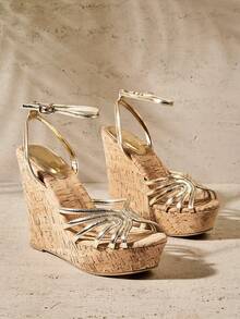 SHUZIA New Gorgeous Ladie's Gold Metallic Faux Leather Pu Cork Wrapped Strappy Platform Wedge Sexy Cute Comfort Day Party Spring Summer Holiday Dance Club Wedding Shoe - Gold - View 6