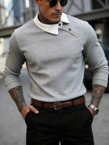 Manfinity Mode Men's Contrast Color Long Sleeve Casual Commuter Versatile Polo Shirt Buttoned Knitted Polo Grey, Formal - Grey - View 6