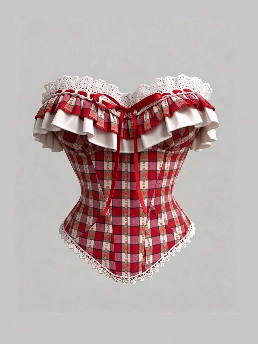 Glamine Charm Women's Fashionable Plaid Ruffle Hem Tube Top For Summer Corset Top Women Red Plaid Corset Top Western Corset Top - Red - View 1