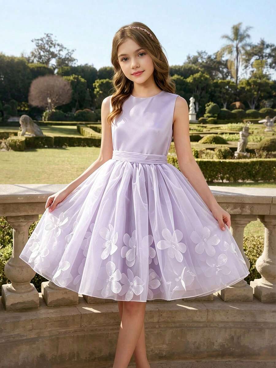 SHEIN 新款花童礼服,女童公主短款薄纱蓬蓬裙,背心式钢琴演奏会服装 - 紫色 - 查看 1