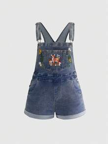 ROMWE Fairycore Plus Size Women Casual Versatile Forest Style Deer & Mushroom Embroidered Denim Romper - Blue - View 1