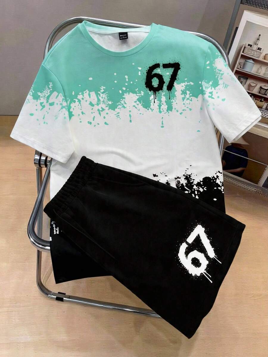 Manfinity Hypemode Bộ đồ nam gồm áo thun ngắn tay cổ tròn in số phối màu và quần short, thích hợp mặc hàng ngày. - Nhiều màu - Xem 1