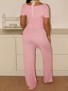 Lowkey Lull Conjunto de pijama de mujer de punto a rayas jacquard de estilo casual - Rosa - Ver 2