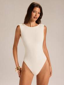 SHEIN BAE Women's Casual Vacation Yellow Mesh Solid Fabric Backless Bodysuit, Suitable For Beach Daily Wear, Commuting, Stretchy - Apricot - View 6