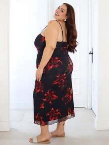 Pretty and Ole Plus Size Summer Vintage Black Placement Burgundy Floral Elegant Mesh Strap Dress, Vacation Outfit.. Plus Size Dresses Summer. Resort Dresses For Women,Beach Dress Sundress,Holiday Outfits Boho/Elegant Plus Size Floral Print Spaghetti Strap Long Dress For Women.Summer Outfits, Valentine's Day Outfits Party - Multicolor - View 5