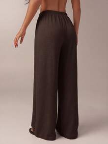 SHEIN Tall CURVE Quần dài nữ cỡ lớn màu trơn, cạp chun, kiểu dáng thường ngày, đa năng. - màu nâu - Xem 2