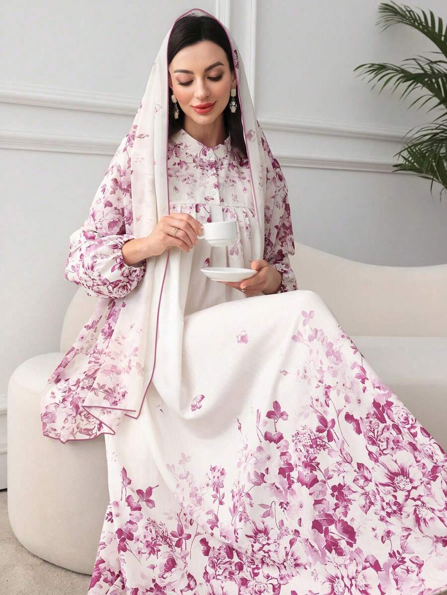 SHEIN Najma 褶皱花卉图案优雅连衣裙配头巾 - 粉色 - 查看 1