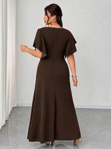 Elenzga Vestido formal ligero de talla grande, vestido elegante y romántico con bajo de cola de sirena, cuello en V, mangas con volantes, adecuado para banquetes, fiestas, invitados de boda - Marrón - Ver 2