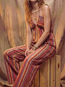 Fembélia Women's Vacation Striped Backless Criss-Cross Halter Wide Leg Jumpsuit - Multicolor - View 3