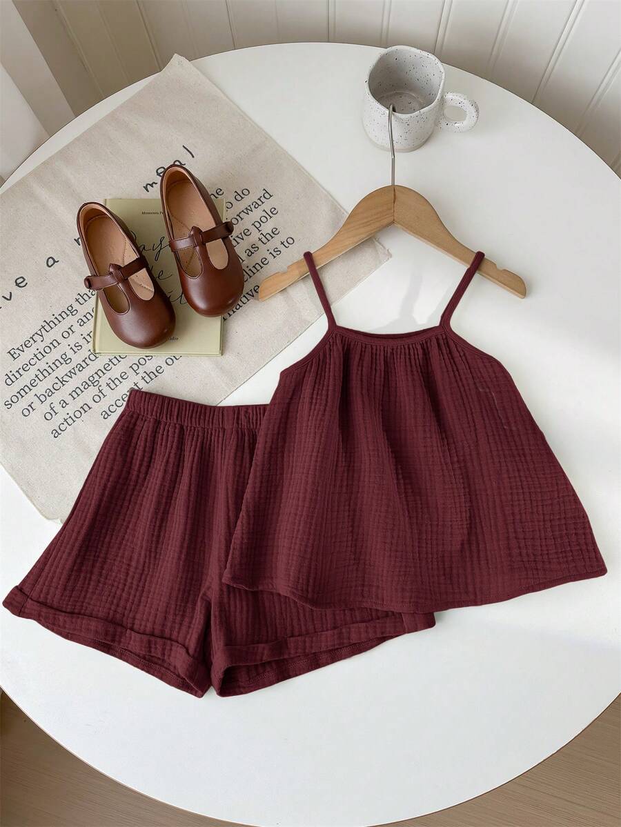 SHEIN LMoss Kids Young Girl Summer Casual Loose Spaghetti Strap Tank Top And Ruffle Hem Shorts 2 Pieces Set - Burgundy - View 1