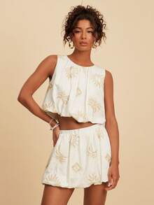 Travachic Bộ 2 món áo hai dây và chân váy ngắn bằng vải chiffon dành cho nữ, thích hợp cho kỳ nghỉ xuân/hè. - Màu be - Xem 7