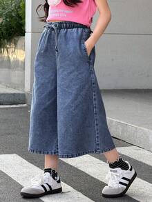 SHEIN 少女系带口袋阔腿宽松牛仔裤 - 深色水洗藍 - 查看 1