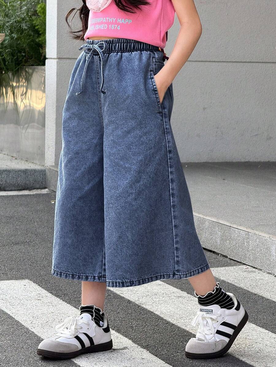 SHEIN 少女系带口袋阔腿宽松牛仔裤 - 深色水洗藍 - 查看 1