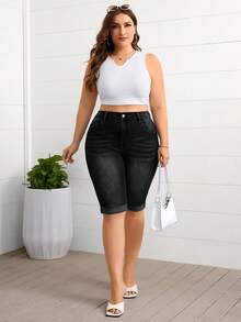 Firerie Plus Size Casual Washed Slim Fit Denim Shorts - Black - View 4