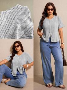 Elaquor Plus Size Women's Solid Color Single-Breasted Casual Versatile Daily Wear Short Sleeve T-Shirt - Grey - View 1