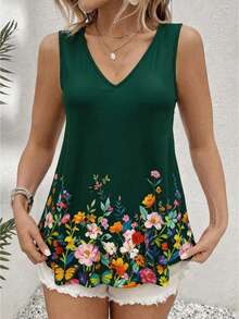 Breezaya Plus Size Women's Popular Elegant Floral V-Neck Camisole, Suitable For Daily Commute, Slimming & Versatile, Suitable For Outings, Parties, Photo Shoots, Vacations - Green - View 1