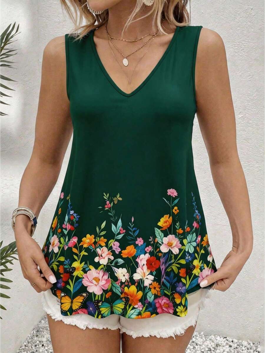 Breezaya Plus Size Women's Popular Elegant Floral V-Neck Camisole, Suitable For Daily Commute, Slimming & Versatile, Suitable For Outings, Parties, Photo Shoots, Vacations - Green - View 1