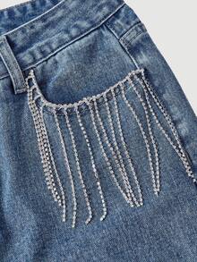 SHEIN MOD Women's Rhinestone Tassel Decor Slant Pocket Solid Color Casual Wide Leg Jeans - Blue - View 3