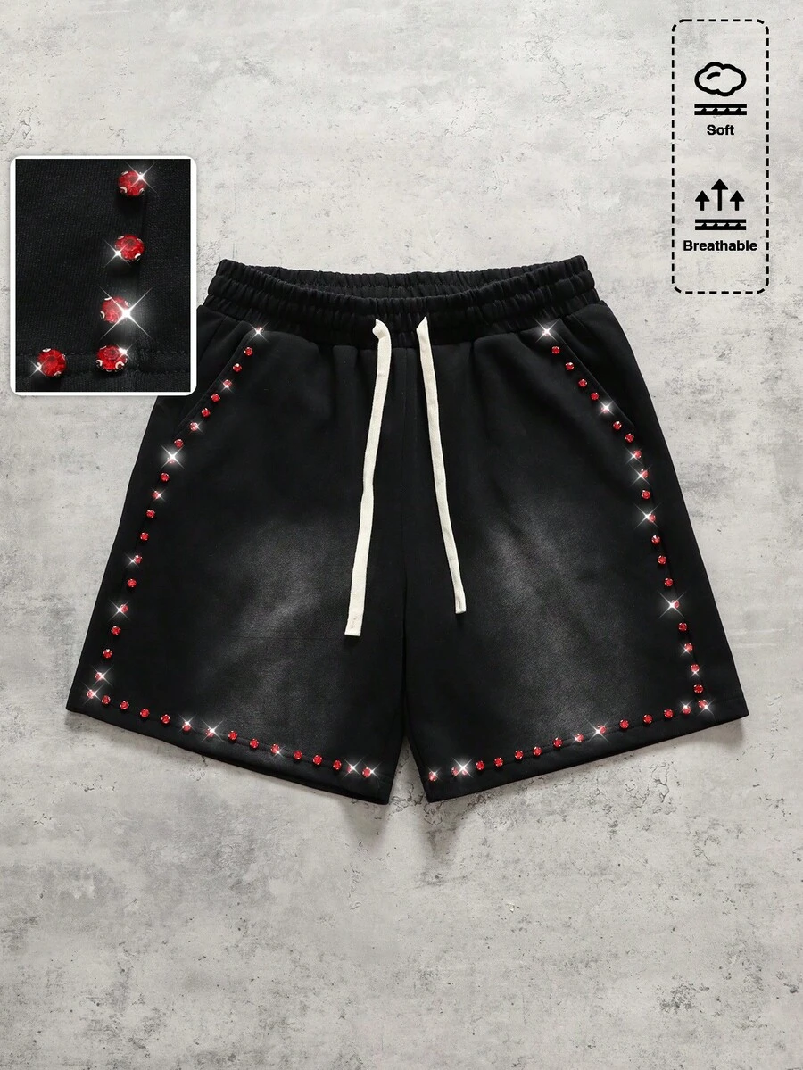 ROMWE MEN Street Life Men's Street Style Rhinestone Decor Drawstring Waist Loose Shorts - Black - View 1