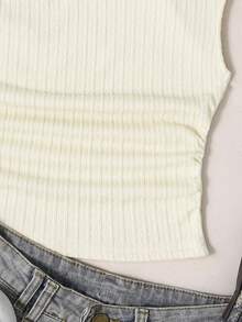 SHEIN 青少年女孩修身休閒不對稱單肩紋理布料背心上衣 - 杏色 - 查看 2