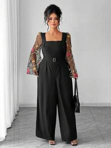Elenzga Bộ jumpsuit nữ cỡ lớn kiểu Pháp thanh lịch mới, tay dài, thêu, phối lưới, thiết kế thắt eo, cúc kim loại, bộ sưu tập xuân/hè hoàn toàn mới, jumpsuit ống rộng duyên dáng lãng mạn, phù hợp cho hẹn hò, công sở, thường ngày và đi làm. - màu đen - Xem 6