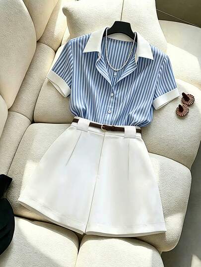 Airaco Women's Comfortable Cotton Striped Patchwork Contrast Color Collar Short Sleeve Casual Shirt + White Shorts Plus Size 2 Piece Set, Suitable For Commuting, Casual Shirt Set, Striped Women's Set