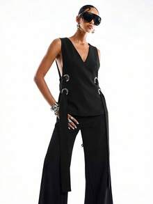 Camiseta sin mangas minimalista y elegante con doble capa, ojetes metálicos, abertura sexy en la espalda, color verde, ropa de verano para mujer, para vacaciones de primavera, uso en fiestas - Negro - Ver 5