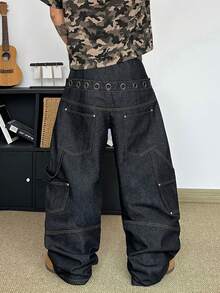 STEELVANCE Jeans casuales rectos y anchos de moda callejera retro para hombres, con diseño de remaches y ojales, de bolsillos múltiples y versátiles - Negro - Ver 2