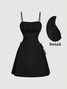 SHEIN MOD 红色约会之夜连衣裙，褶皱胸部系带吊带连衣裙 - 黑色 - 查看 4