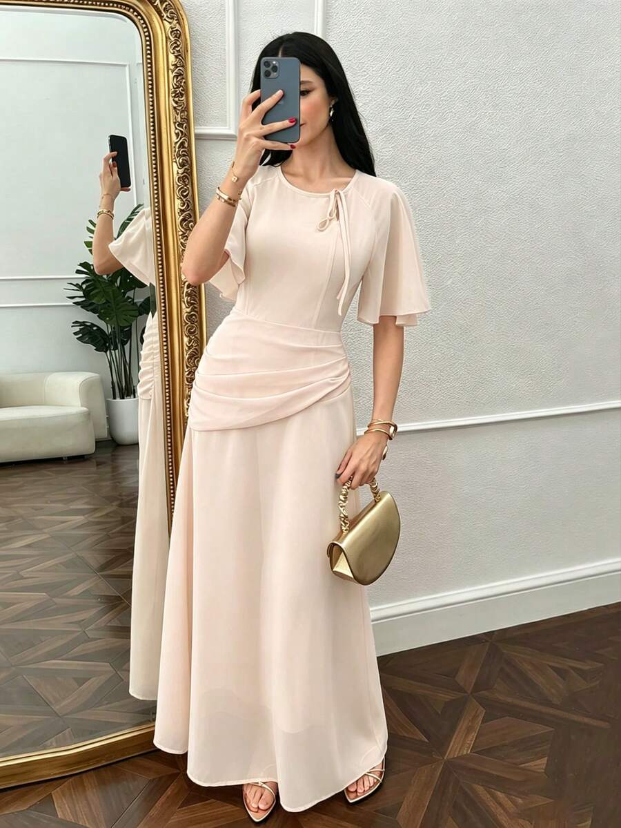 Modelyn Women's Ruched Waist Concealed Belly Flared Long Style Dress Brunch Orange Pink Summer Elegant - Apricot - View 1