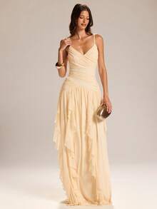 SHEIN BAE Apricot Pleated Ruffle Hem Maxi Dress, Romantic Sheer Chiffon Party Gown For Spring/Summer,Dresses For Women Summer - Apricot - View 3