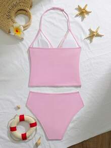 SHEIN 2件套少女粉色碎花花瓣滚边弹力速干舒适针织泳衣套装，适合海滩、泳池、海边、冲浪、度假、夏季旅行，亲肤速干：时尚少女海滩度假/沙滩泳池装扮。粉色碎花泳衣，少女连体泳衣，青少年泳装，少女夏季泳装。 - 粉色 - 查看 2