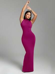 Zolique Vestido largo y sexy con cuello alto y lazo delantero para mujer - Rosa Fucsia - Ver 6