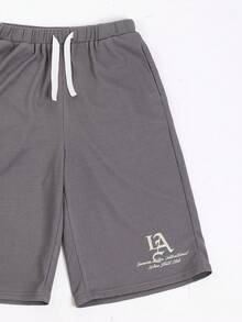 SUMWON Waffle Knit Drawstring Shorts With Logo Detail Elastic Waistband Comfortable Casual Summer Everyday Knee Length Regular Fit Side Pocket Relaxed - Dark Grey - View 3