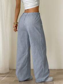 SHEIN PETITE Casual Striped Wide Leg Pants With Drawstring Waist - Blue - View 2