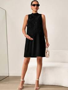 MaterniWear Pregnant Women Solid Color 3D Floral Decor Elegant Sleeveless Dress - Black - View 6